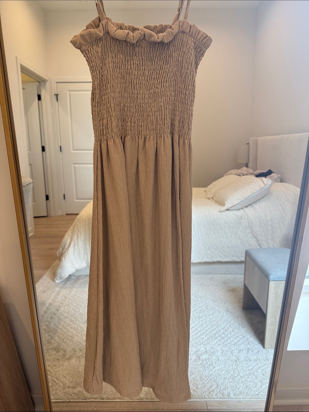 H&M Taupe Smocked Maxi Dress with Ruffle Neckline